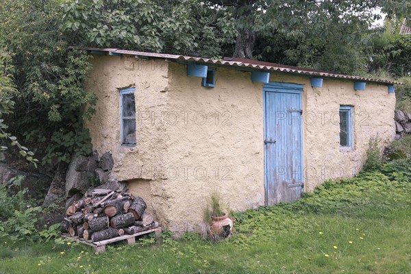 Shed with Blue Doors in Garden, Bornholm,