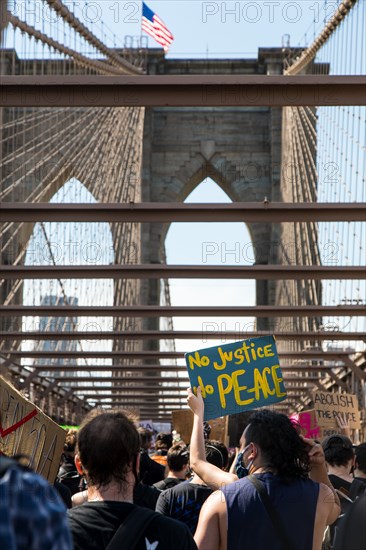 Crowd of Protesters with Signs, "No Justice No Peace",