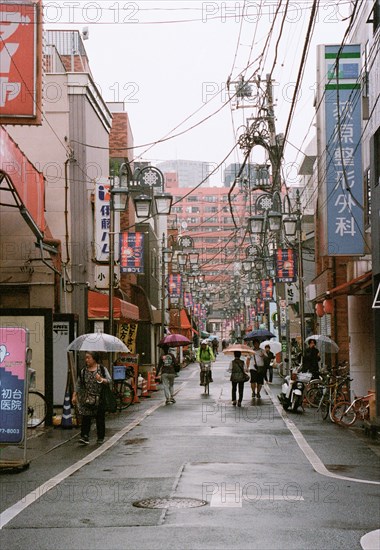 Narrow Street Scene on Rainy Day, Tokyo,