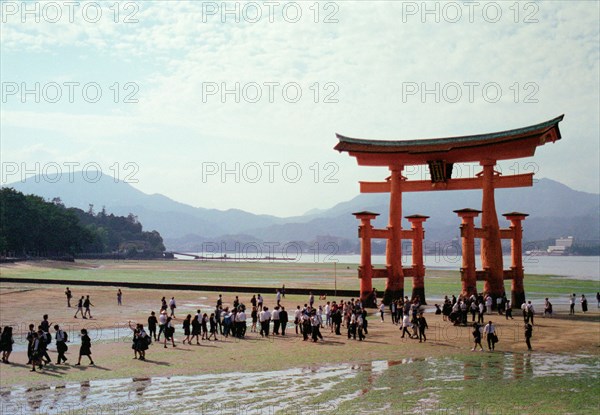Group of People at Itsukushima Shrine with Tide Out, Miyajima Island,