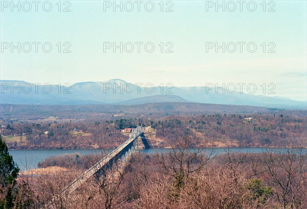 Rip Van Winkle Bridge over Hudson River with Catskill Mountains in Background, Hudson,