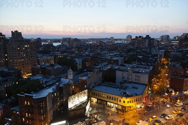 Cityscape at Dusk, Hudson River in Background,