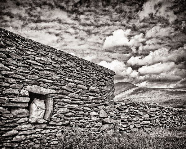 Old Stone Wall with Milk Bucket,,