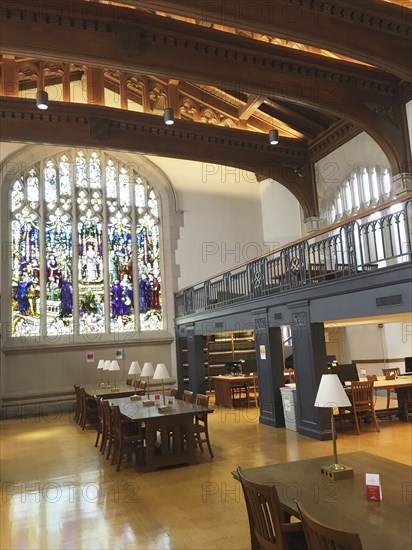 Interior View of Reading Room and Stained Glass Window, Thompson Memorial Library,