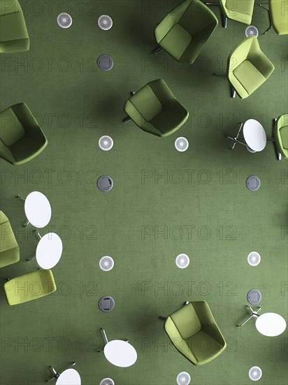 High Angle View of Green Chairs on Green Carpet, Library,