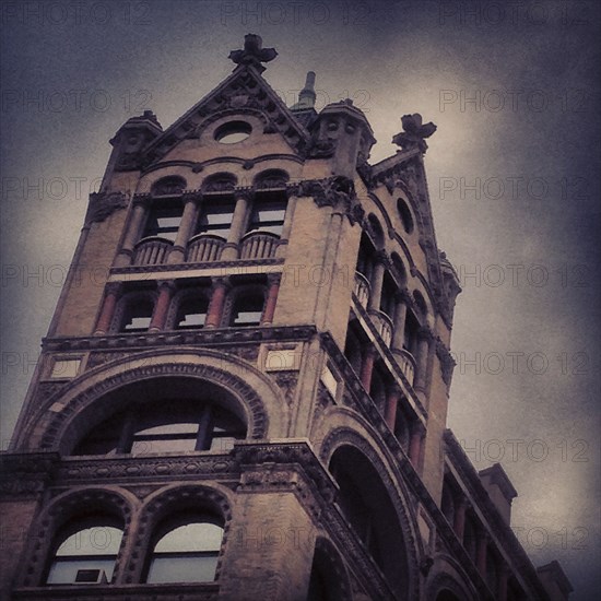 Dramatic Low Angle View of Apartment Building Tower, New York City,