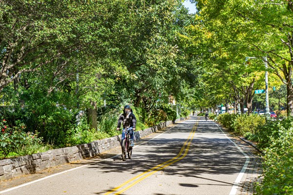 Cyclist on Bike and Jogging Path along West Side Highway, New York City,