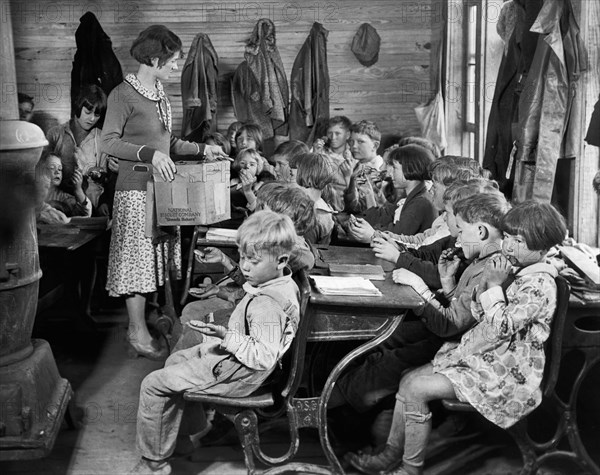 Schoolchildren from Drought Region eating Cookies supplied by Junior Red Cross, Sunflower