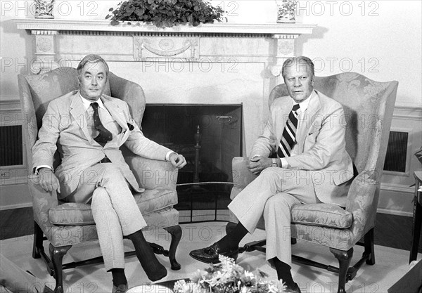 U.S. UN Ambassador Daniel P. Moynihan and U.S. President Gerald Ford, seated Portrait