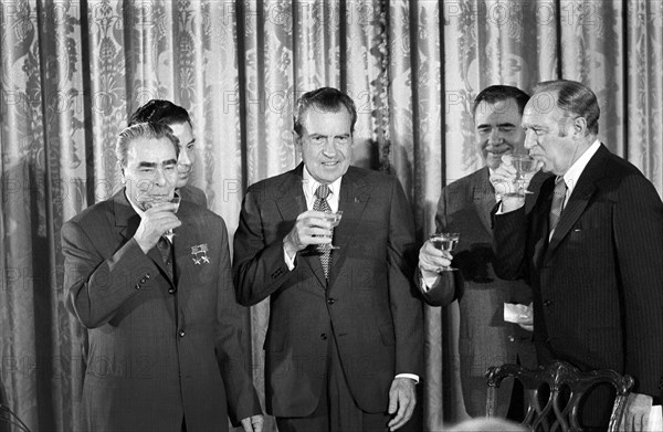 U.S. President Richard Nixon with (left to right) Soviet leader Leonid Brezhnev, Soviet Minister of Foreign Affairs Andrei Gromyko