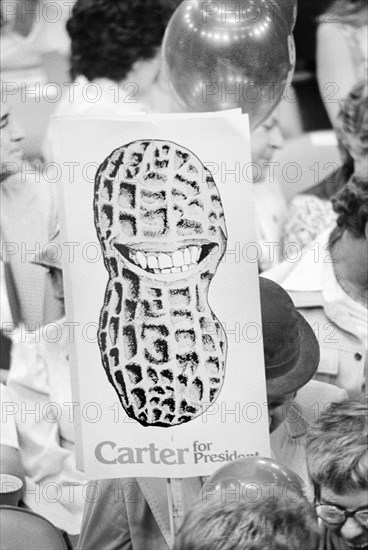 Jimmy Carter Supporter holding "Carter for President" sign showing  Peanut Shell with Toothy Grin, Democratic National Convention