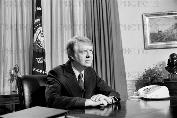 U.S. President Jimmy Carter in Oval Office during TV Speech, White House