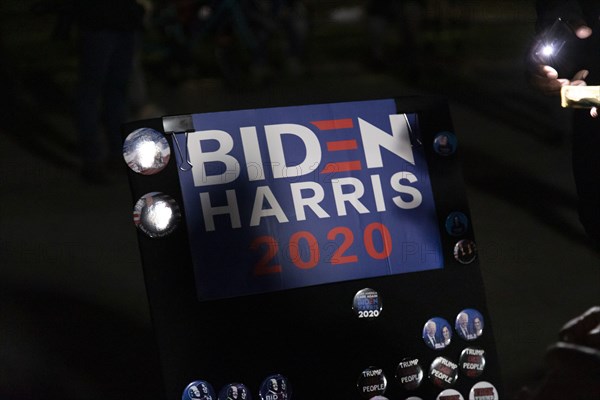 Biden Harris 2020 Political Sign and Buttons at Night,