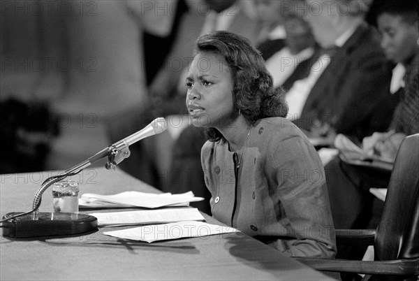 Anita Hill testifying in front of the Senate Judiciary Committee during Clarence Thomas's Supreme Court confirmation hearing