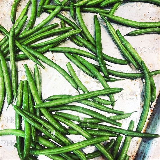 Haricot Verts on Baking Sheet with Sea Salt and Olive Oil
