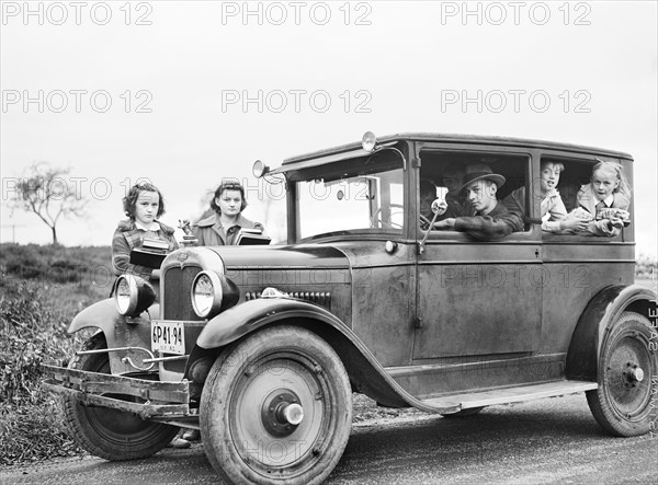 family, car, Pine Camp Expansion, military, historical,