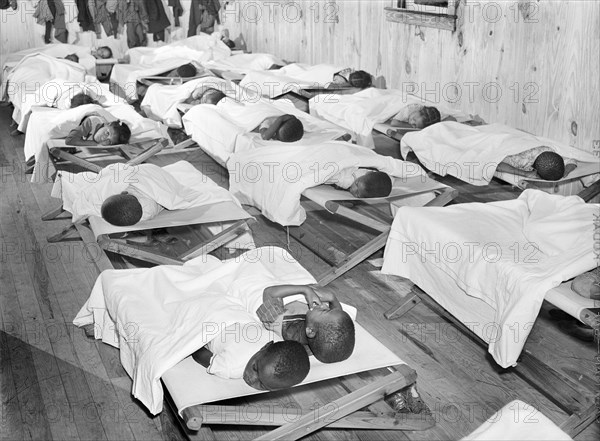 migratory labor camp, children, nursery, sleeping, historical,