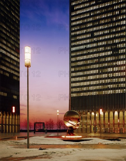 Entrance Arches with Sphere Sculpture at Plaza Fountain