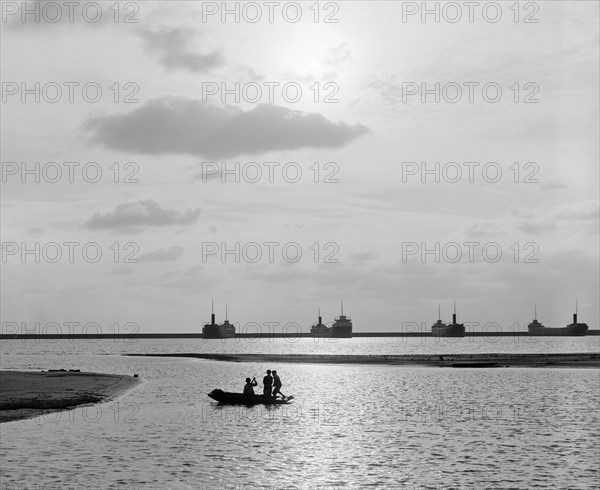 Harbor and Cargo Ships at Sunset