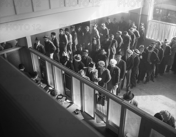 Men lined up to register for Unemployment Benefit