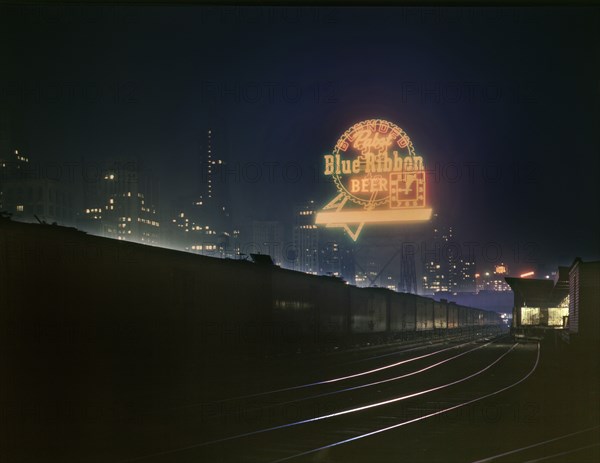 Illinois Central Railroad cars at South Water Street Freight Terminal at Night