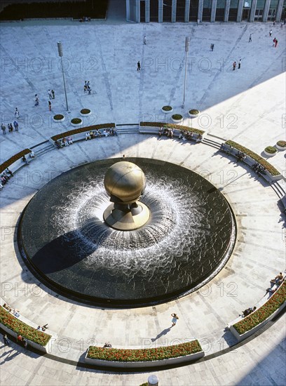 High Angle View of Sphere at Plaza Fountain Sculpture by Fritz Koenig