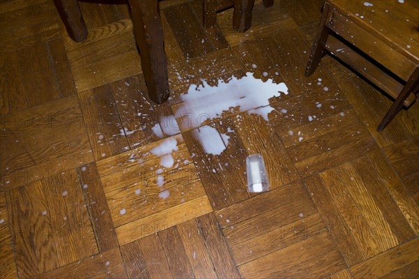 High Angle View of Plastic Cup of Milk dropped on Wood Parquet Floor