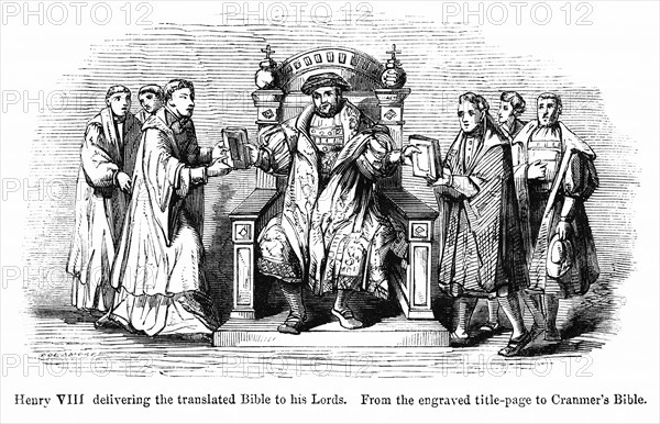 Henry VIII delivering the translated Bible to his Lords