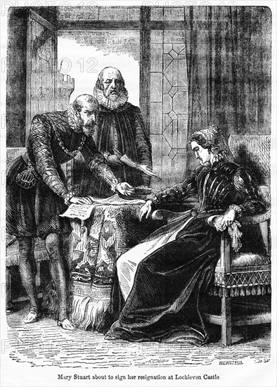 Mary Stuart about to sign her Resignation at Lochlevan Castle