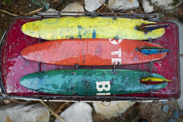 high Angle View of Colorful Miniature Minibus with Three Surfboards