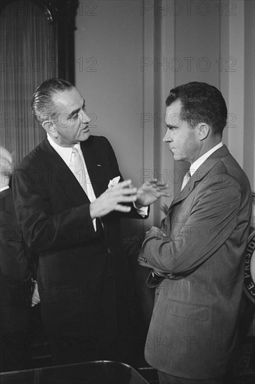 U.S. Senator Lyndon Johnson speaking with U.S. Vice President Richard Nixon