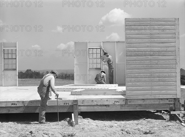 Construction workers building prefabricated houses for tenant farmers being relocated due to construction of Camp Croft