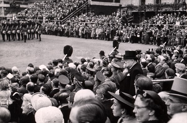 British Prime Minister Winston Churchill amongst crowd during Trooping the Colour ceremony