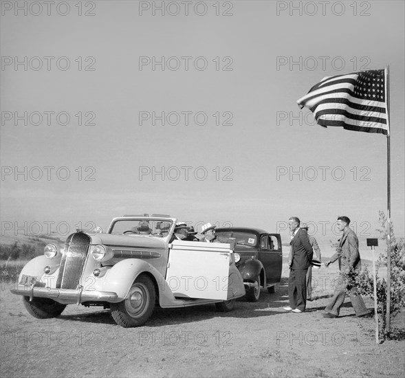 U.S. President Franklin Roosevelt being greeted upon arrival during drought inspection