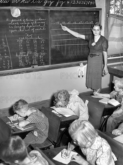 Lois Slinker and some of her pupils in one-room schoolhouse