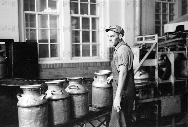 Worker running milk cans through sterilizing machine