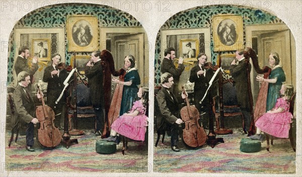 Group of Musicians playing Various Musical Instruments in Parlor Setting