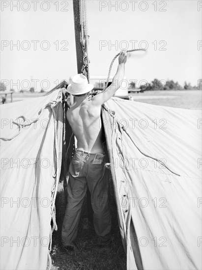 Rear view of carnival crew member at work