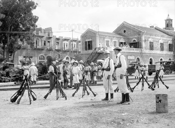 British marines in the Haifa Station yard during 1929 Palestine Riots