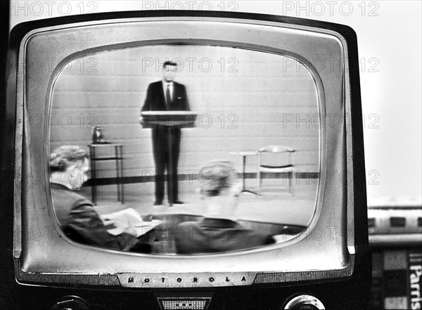Massachusetts Senator John Kennedy on television during first  presidential debate against U.S. Vice President Richard Nixon