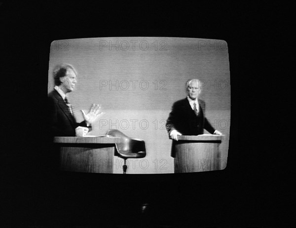 U.S. President Gerald Ford and Jimmy Carter on television during 1st presidential debate