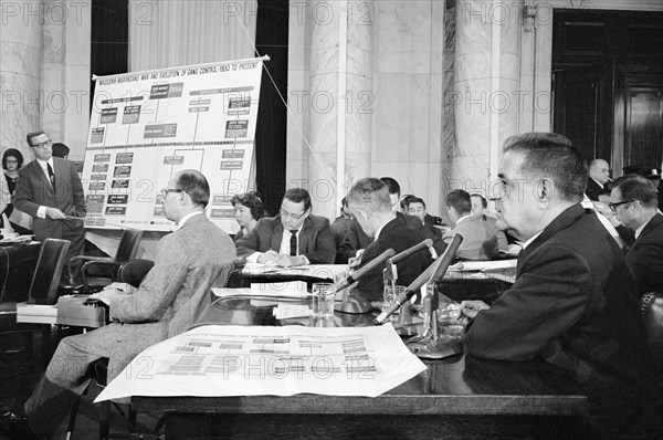 Joseph Valachi of the Genovese crime family  testifying about organized crime before  Permanent Subcommittee on Investigations of the U.S. Senate Committee on Government Operations