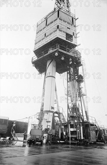 Jupiter-C rocket in gantry tower