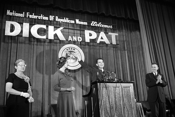 U.S. Vice President Richard Nixon with his wife Pat Nixon on stage