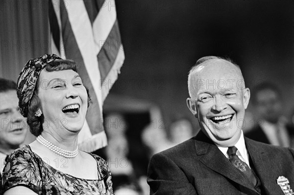 U.S. President Dwight D. Eisenhower and his wife First Lady Mamie Eisenhower smiling during Republican National Convention