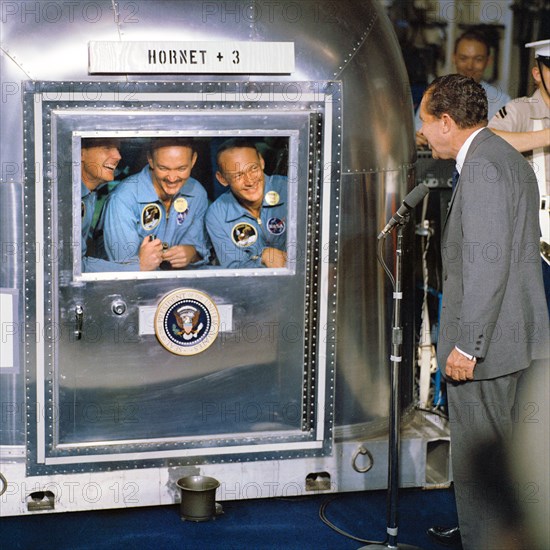 U.S. President Richard Nixon greeting Apollo 11 astronauts Neil A. Armstrong