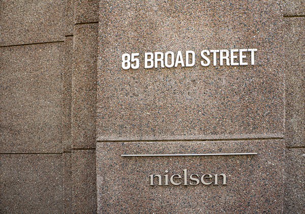 Nielsen Media Research headquarters, close-up detail of building exterior, 85 Broad Street, New York City, New York, USA