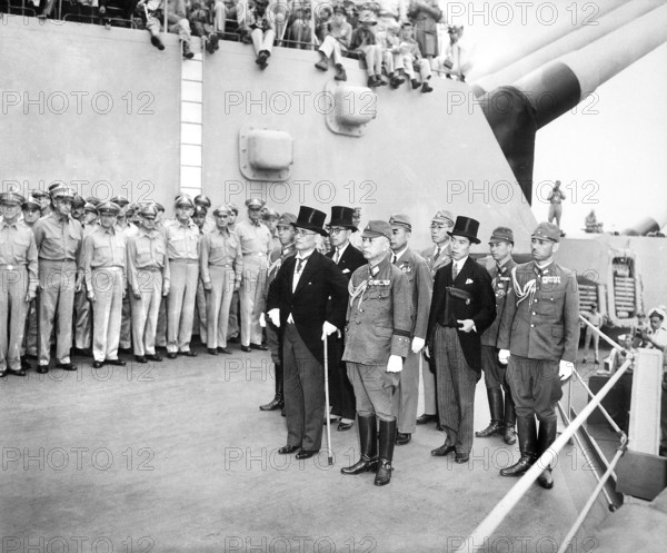 Japanese surrender signatories arrive aboard the USS Missouri to participate in surrender ceremonies, Tokyo Bay, Japan, U.S. Army Signal Corps, September 2, 1945