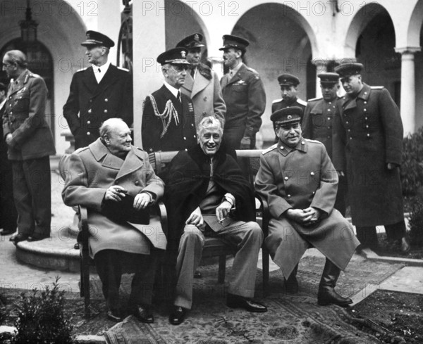 British Prime Minister Winston Churchill, U.S. President Franklin D. Roosevelt and Soviet General Secretary Josef Stalin at Yalta Conference, Livadia Palace, Yalta, USSR, U.S. Army Signal Corps, February 1945