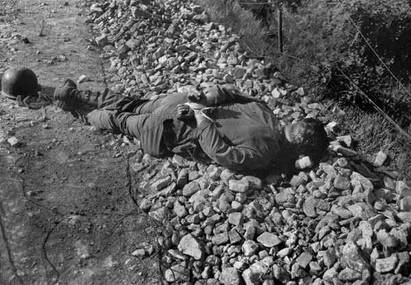 One of four Americans of U.S. 21st Infantry Regiment, captured night of July 9th, and shot thru head with hands tied behind their backs, found between forward observation post and the front line, South Korea, U.S. Army Signal Corps, July 10, 1950